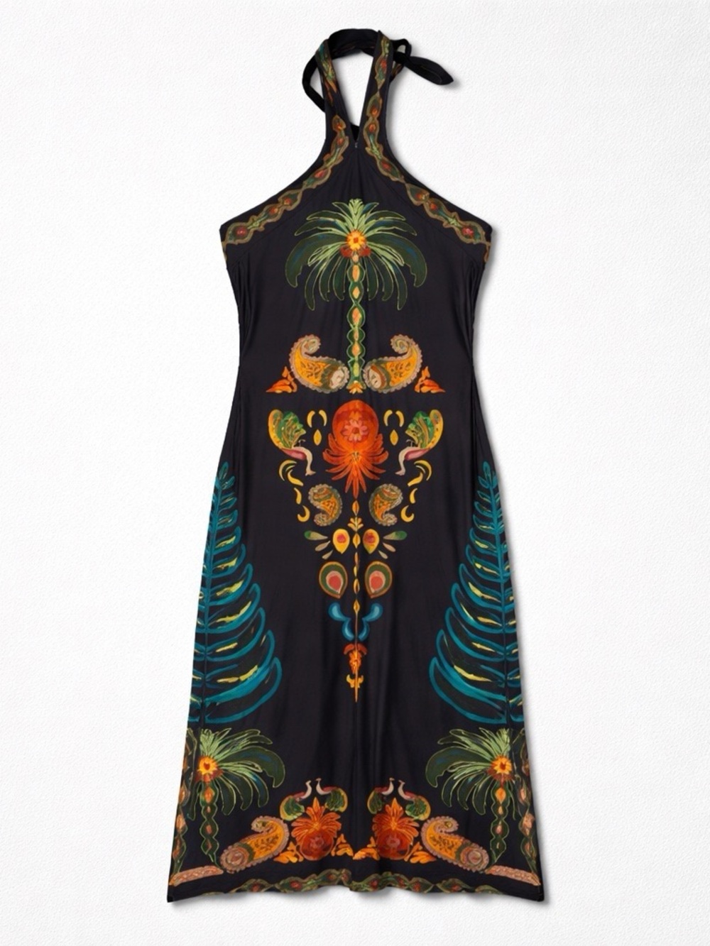 SHEIN Black Halter Maxi Dress with Teal and Orange Tropical Motif